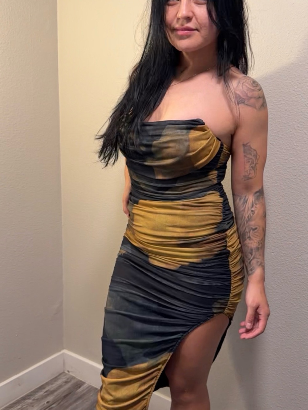 Windsor Strapless Ruched Bodycon Dress in Black and Mustard